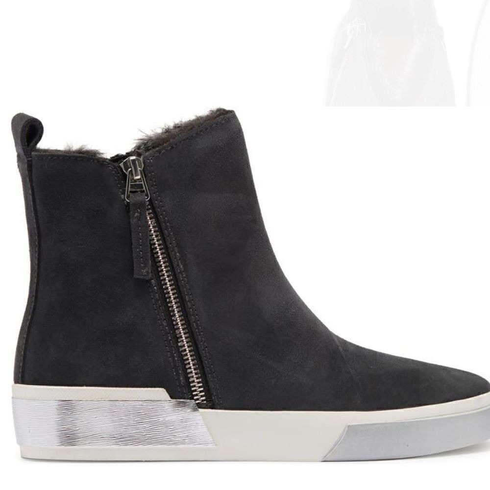 DOLCE VITA Faux Shearling Sneaker Wedge Bootie, ‎ Black Leather, Size 8 1/2, NWT